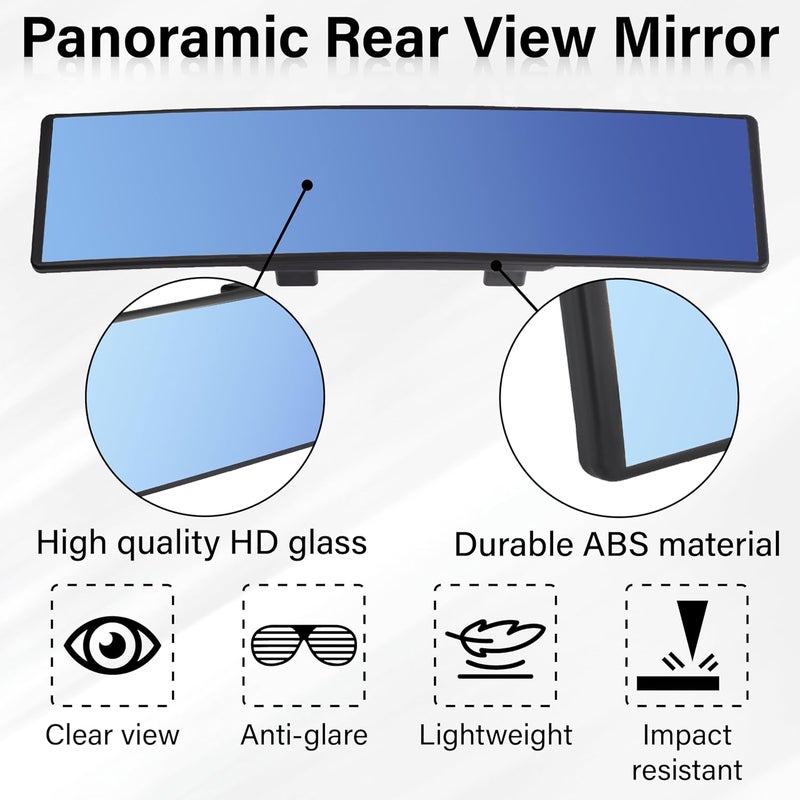 ecocstm Rear View Mirror, Universal 12 Inch Wide Angle Rear View Mirror, Convex Clip On Panoramic Rears Views Mirrors, Anti-Glare Extended Broadway Mirrors, Rearview Mirroring Accessories for Cars (Blue) - Image 3